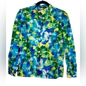 Courtore Watercolor Floral Quarter Snap Blouse in Blue, Green, and Yellow